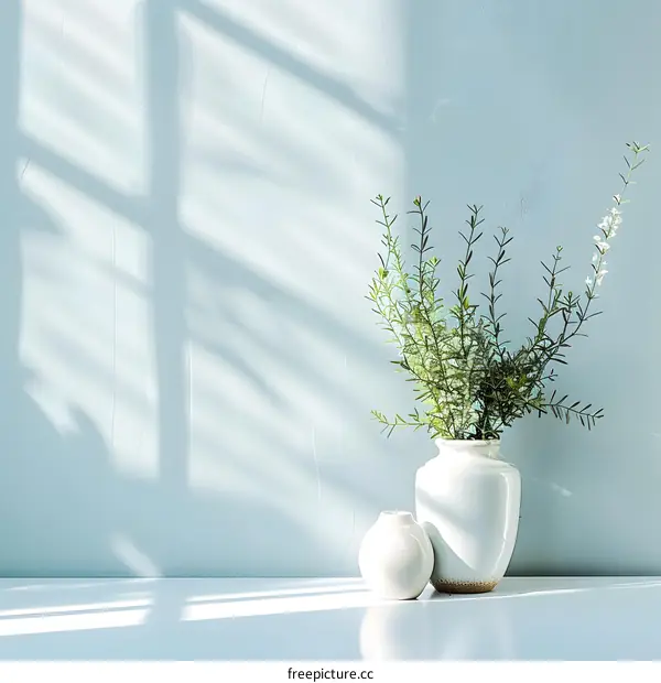 Minimalist Home Decor with Greenery and White Vases on a Blue Wall
