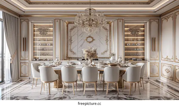 Luxurious dining room with marble and gold accents