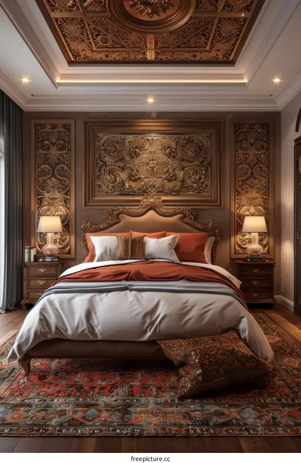 Ornate bedroom with a carved wooden headboard and a red bedspread