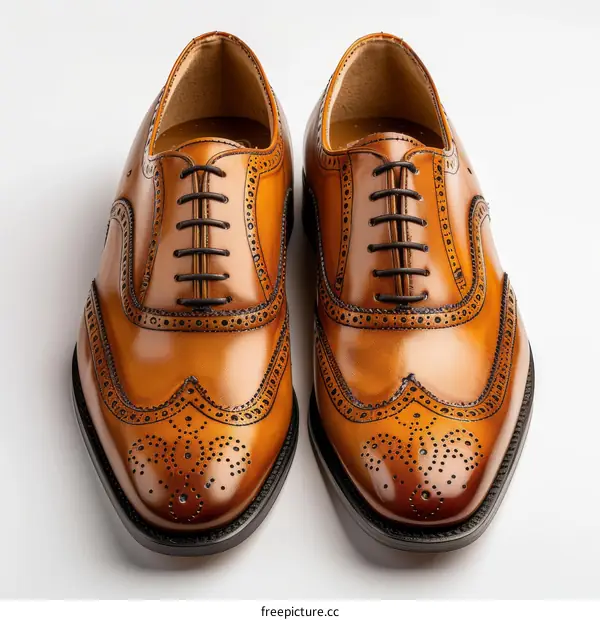 A pair of brown leather shoes with brogue detailing