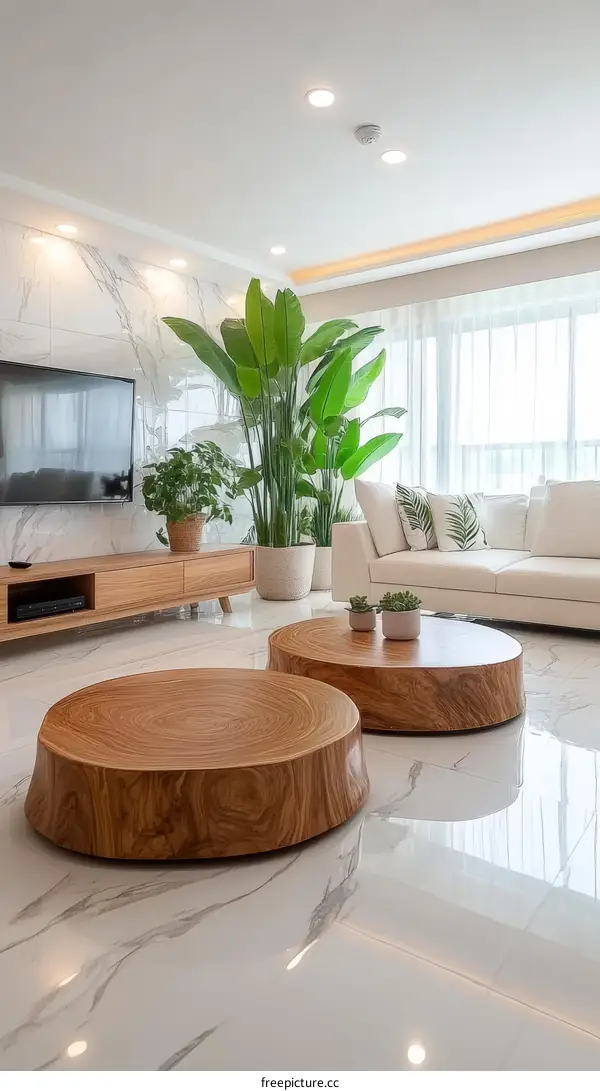 Modern Living Room with Unique Wooden Coffee Tables