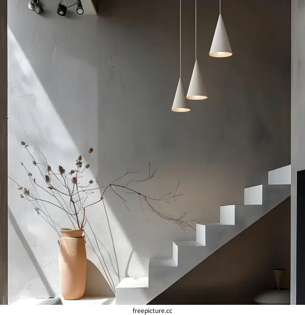 Minimalist Interior Design with White Stairs and Cone Shaped Pendant Lights