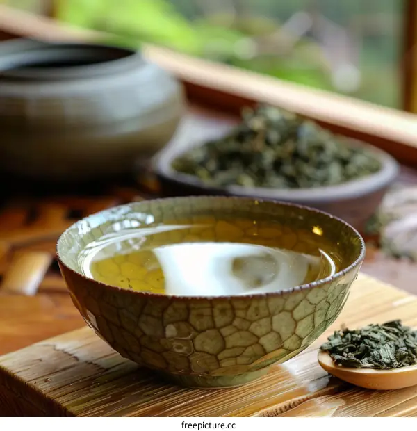 Green tea in a celadon cup with tea leaves on a wooden table