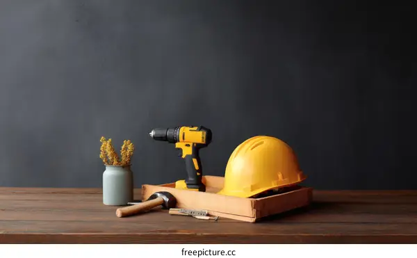 Construction Tools and Supplies on Wooden Table