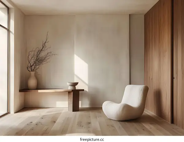 Minimalist Living Room Design With Beige Walls And Wooden Floor