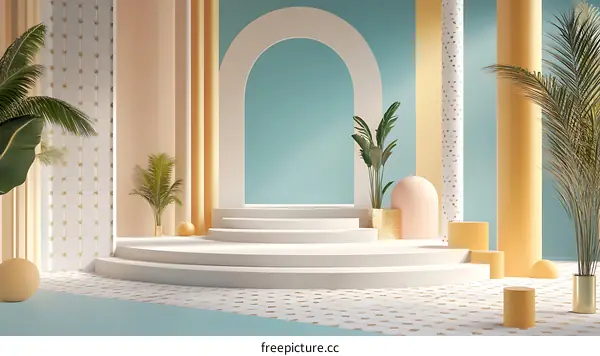 Minimalist Interior Design with White Steps and Tropical Plants