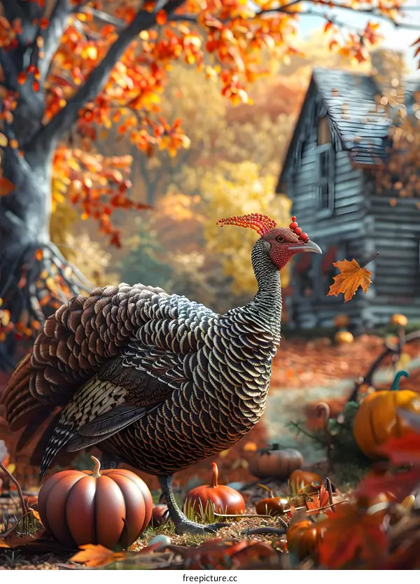 A majestic turkey stands in a field of pumpkins and fall leaves with a red maple leaf on its head