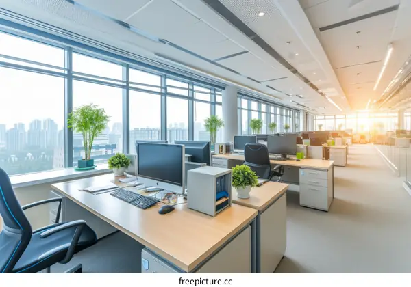 Modern office interior with large windows and city view