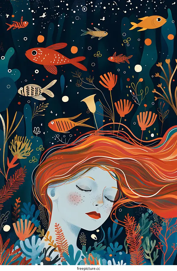Woman with Red Hair in a Sea of Fish and Flowers