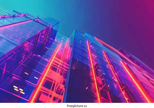 Neon Lights On Modern Glass Building