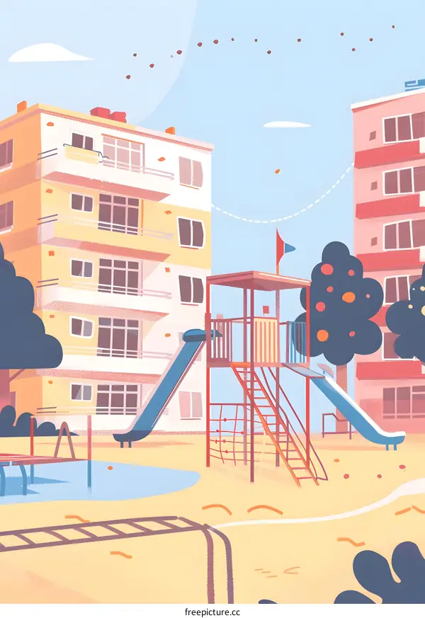 Colorful Illustration of a Playground With Buildings