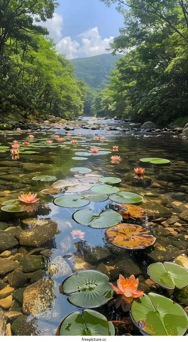 Water Lily Flowers Blooming in a Clear River With Lush Green Trees on the Banks