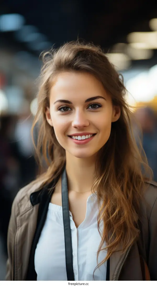 Portrait of a smiling young woman with long brown hair wearing a white shirt and brown jacket