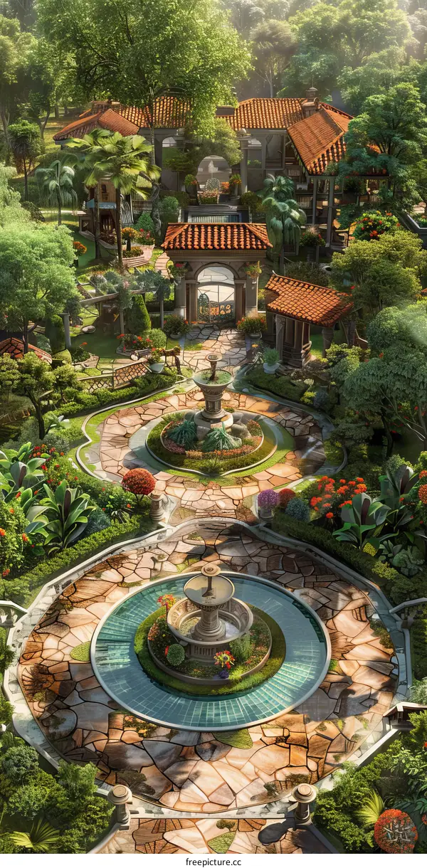 Spanish Style Mansion Courtyard with Fountain