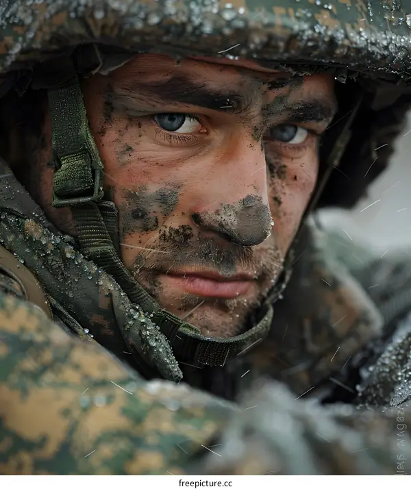 Portrait of a young soldier with blue eyes and a dirty face