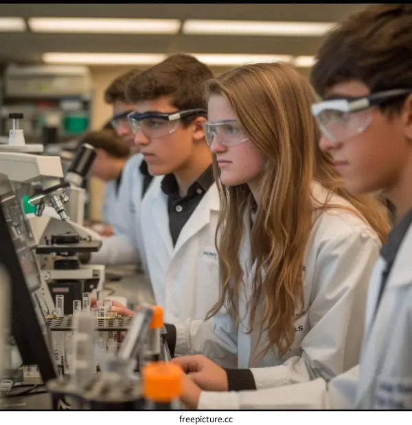 High school students conduct a science experiment in a laboratory