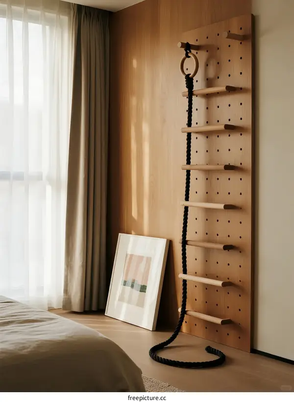 Modern Bedroom with Wooden Climbing Wall and Rope
