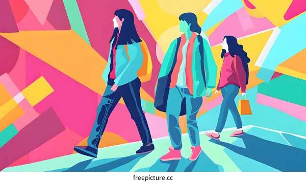 Three Friends Walking On A Colorful Street