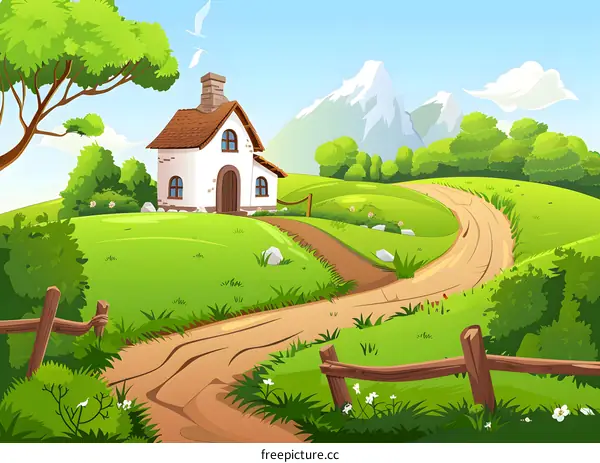 White House with Brown Roof in a Green Field