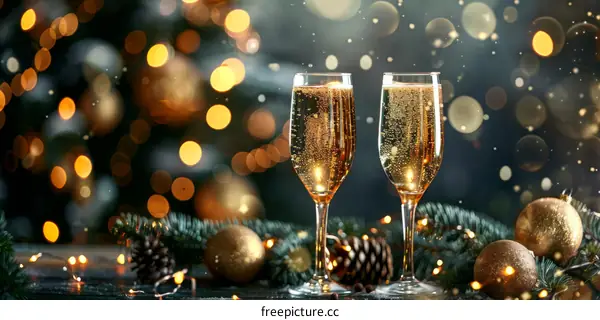 Two Champagne Glasses with Christmas Decorations