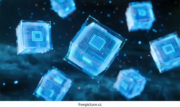 Futuristic Holographic Cubes with Circuit Patterns in Space