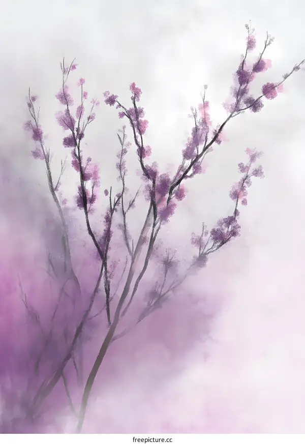 Purple Watercolor Painting of Blossoming Tree Branches