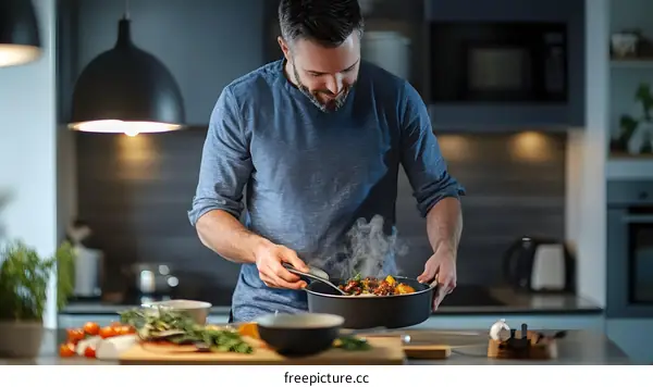 Man Holding a Pot of Food in a Modern Kitchen