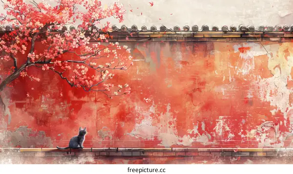 Cat Resting Against a Red Wall in Traditional Asian Architecture