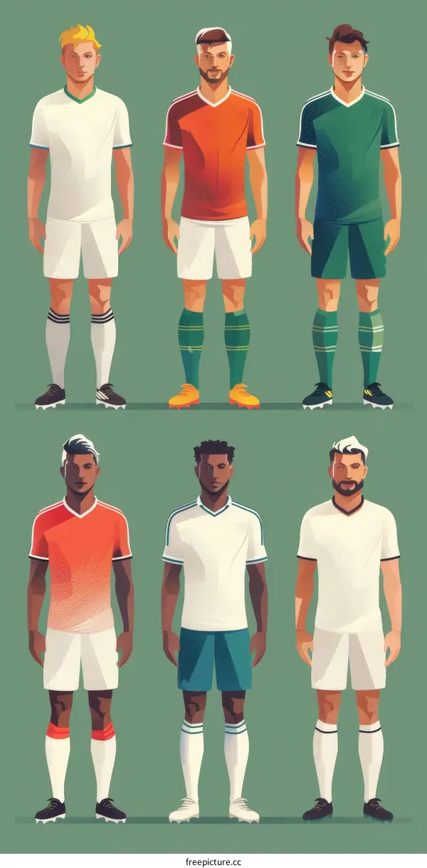 A group of six male soccer players wearing different colored uniforms