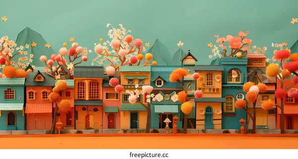 A row of colorful houses with pink and white flowers in front of them