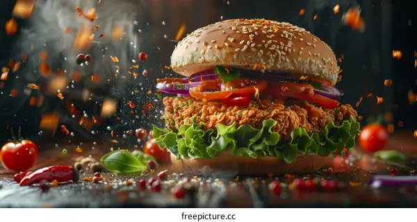 Crispy Fried Chicken Sandwich with Lettuce Tomato Onion and Spices