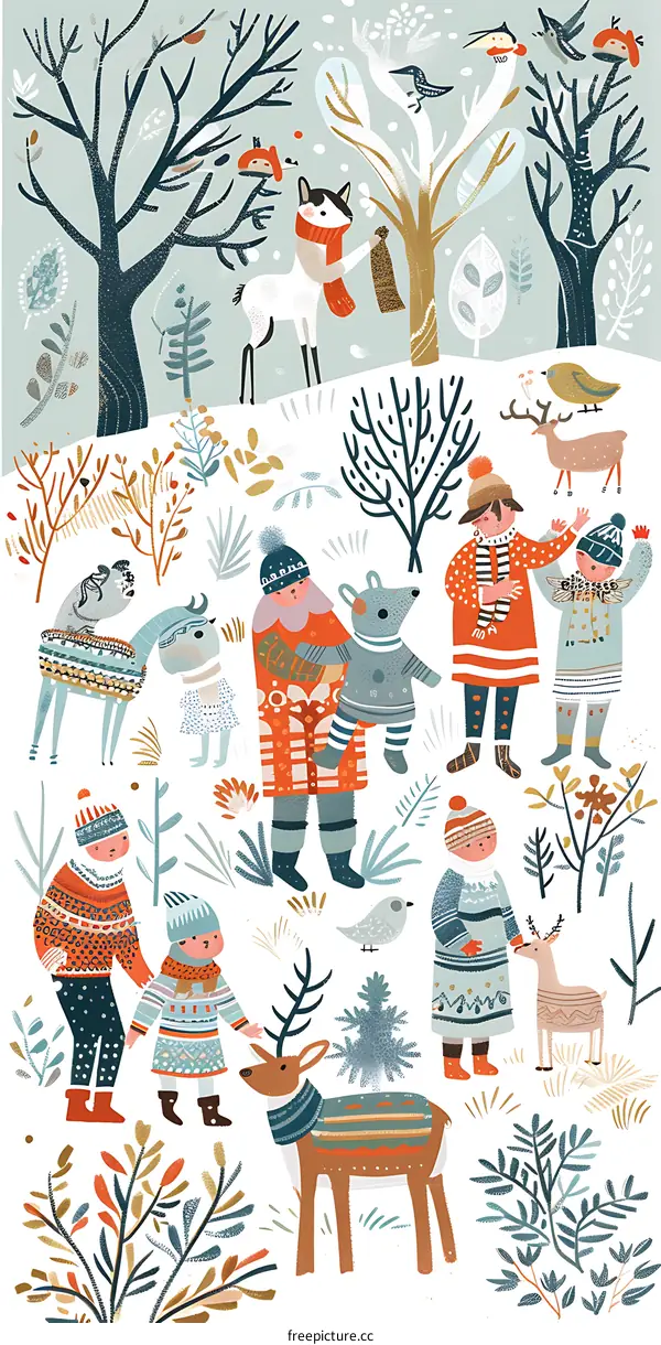 Winter Wonderland Illustration with People and Animals