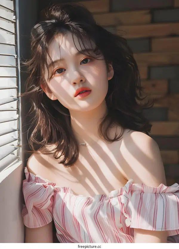 Portrait of a Beautiful Young Asian Woman With Striped Top