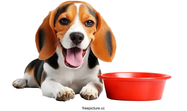 [Transparent Background PNG]Beagle Puppy with Food Bowl