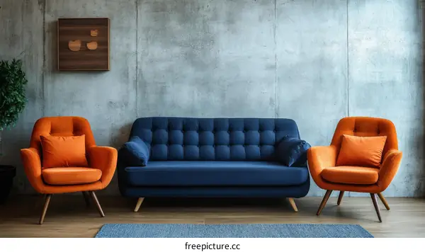 Modern Living Room Interior Design with Orange and Blue Sofas