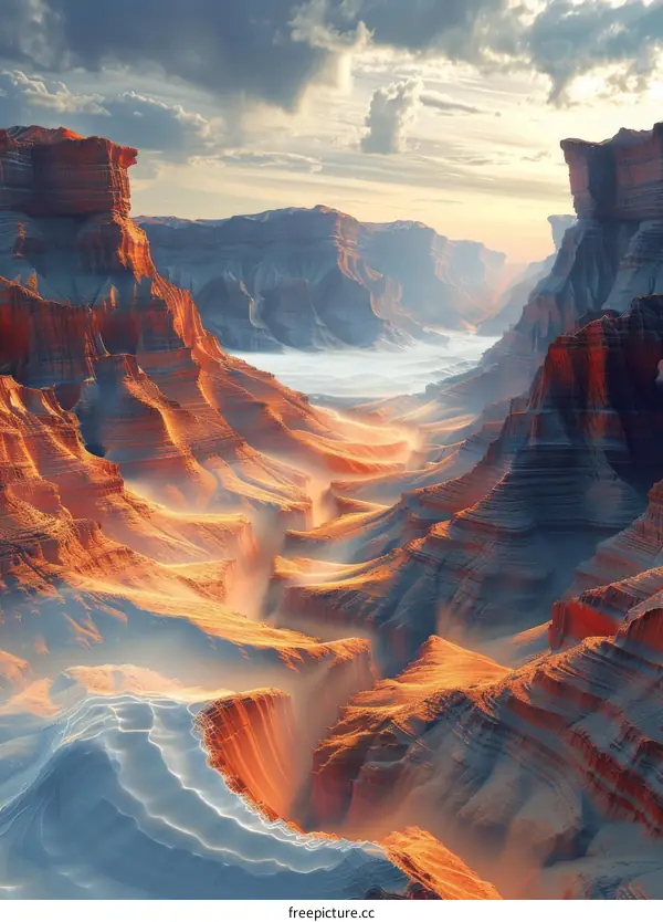 Mystical Canyon Landscape with Colorful Rock Formations and Misty River