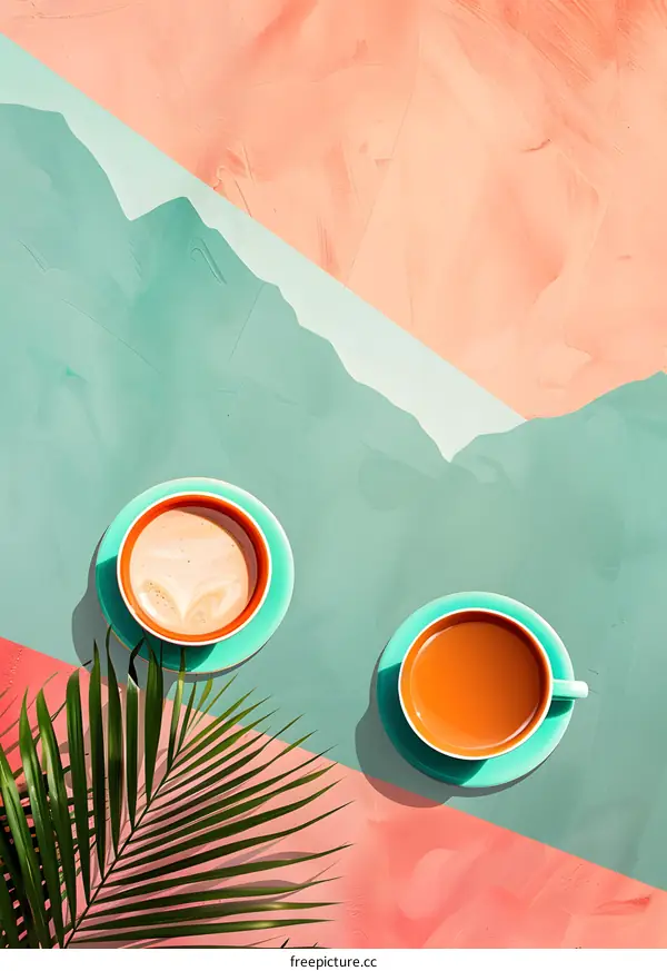 Two Cups of Coffee on a Green and Orange Background with a Palm Leaf