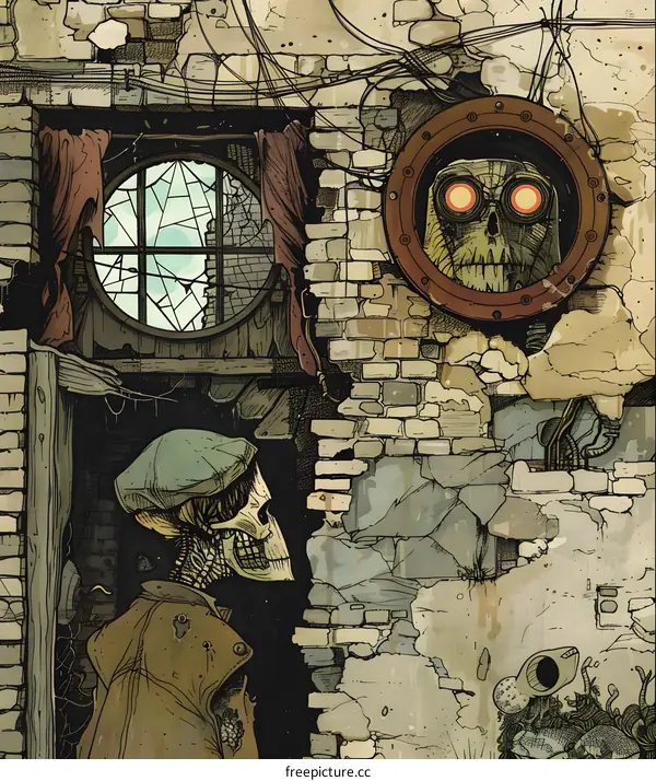 Skeleton Man Looking at a Glowing Skull in a Window