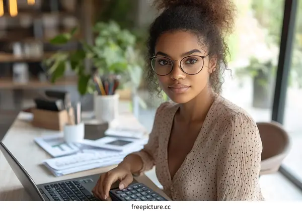 Young Black Woman Working on Laptop and Calculator