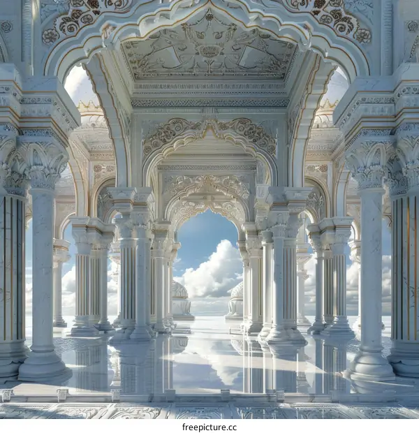 Ornate White Marble Palace Interior with Arched Openings and Columns