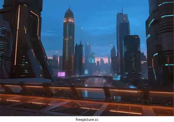 Futuristic Urban Skyline with Tall Buildings and Evening Atmosphere