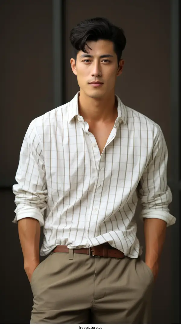 A handsome Asian man is posing in a casual outfit.