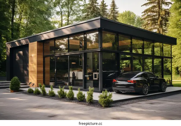 Modern Black House with Large Wall-to-Wall Glass Windows and Luxury Car Parked Inside
