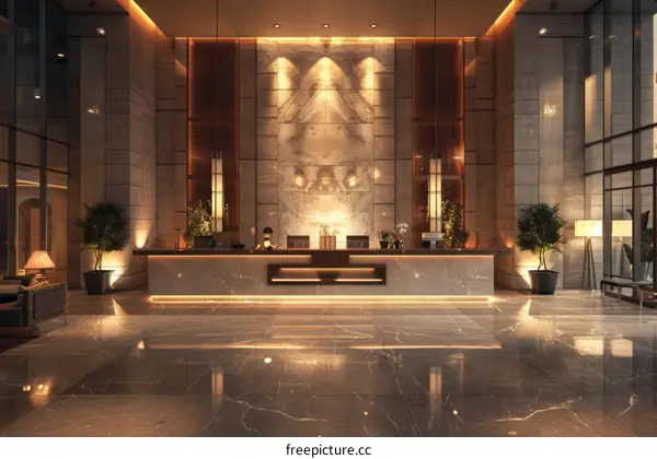 Modern hotel lobby interior with marble walls and stone floor