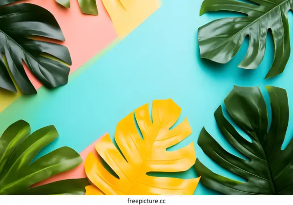 Tropical Leaves on Colorful Background