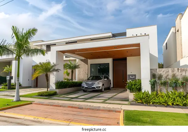 Modern White House With Car And Palm Trees