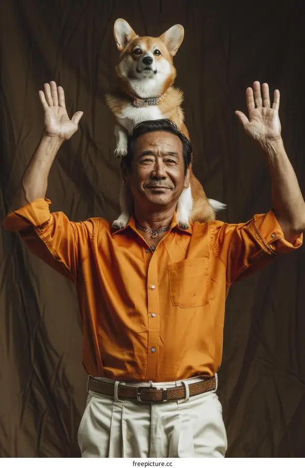 A man with a dog on his head