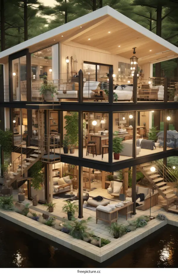 Transparent modern house with a lot of glass and wood in the middle of a forest near a lake