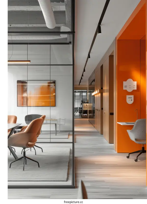 Modern Open Plan Office with Glass Walls and Orange Accents
