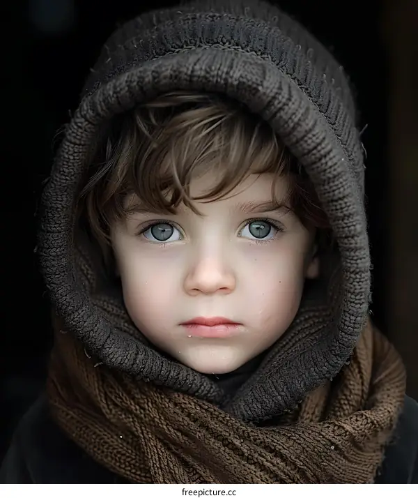 Portrait of a young boy in a brown woolen hood